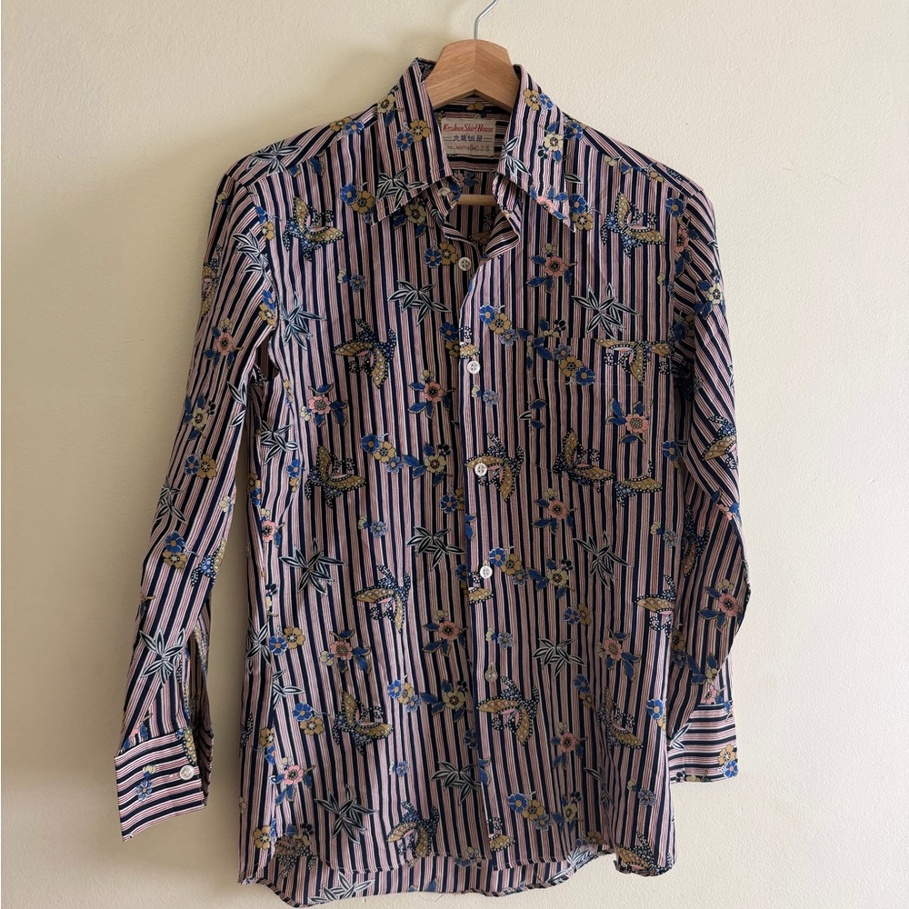 Men's Vintage Striped Floral Button-Up Shirt - Pink & Navy